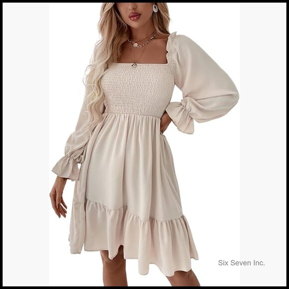 Square Neck Lantern Long Sleeve Ruffle Shirred Flowy Party Mini Dress